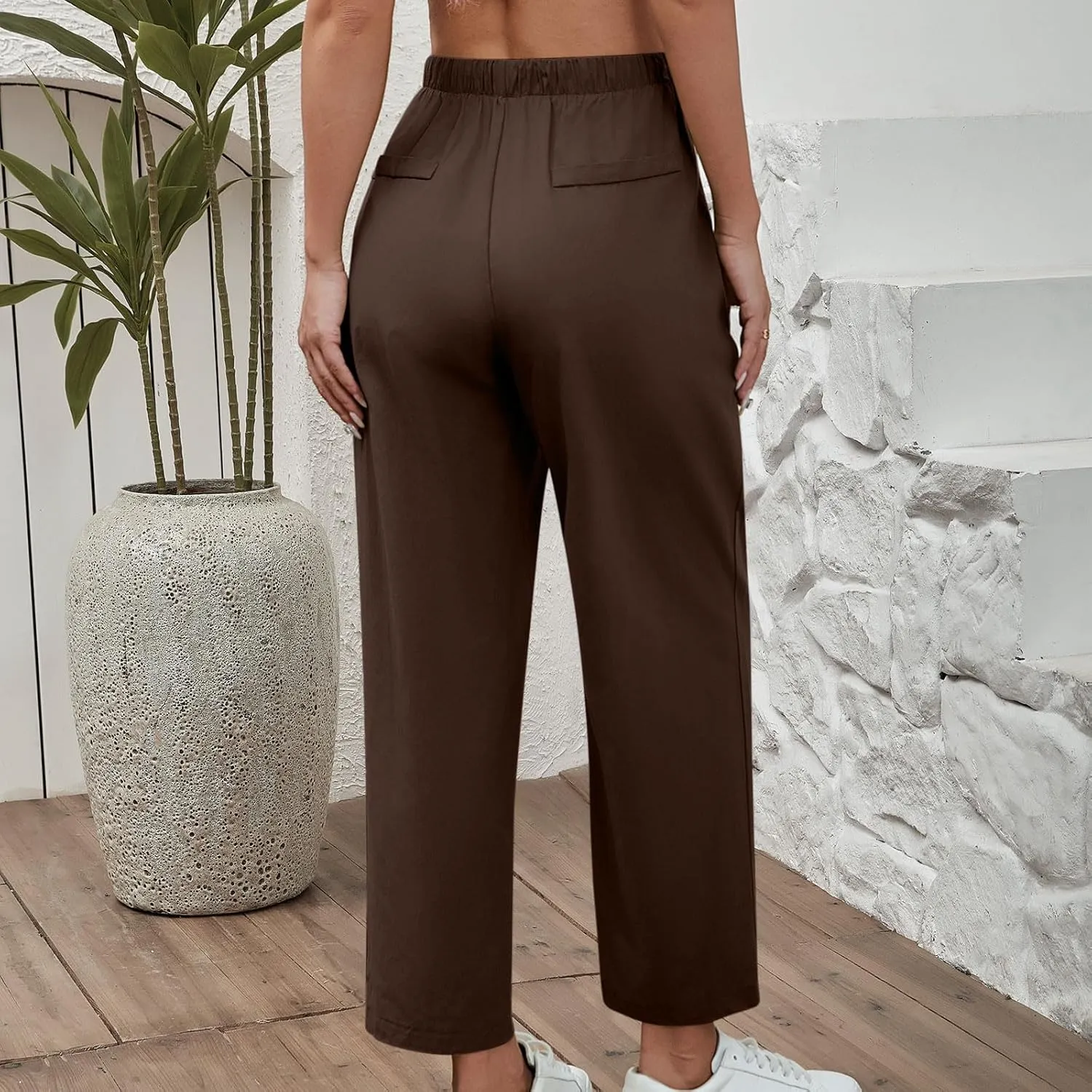 Women Cotton Linen Pants Casual Loose Wide Leg Trousers Summer Drawstring High Waist Pants with Pocket