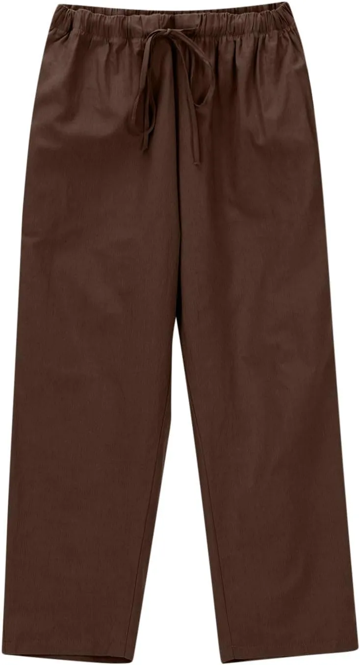 Women Cotton Linen Pants Casual Loose Wide Leg Trousers Summer Drawstring High Waist Pants with Pocket
