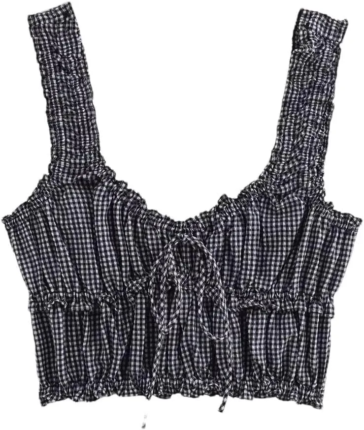 Women Cropped Top Lace Up Bow Pleated Backless Bustier Vintage Sling Camisole Tops