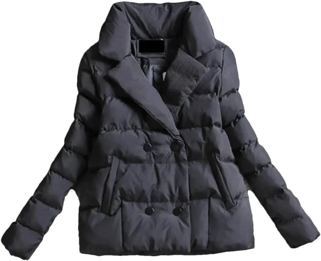 Women Down Cotton-Padded Jacket Short Suit Collar Outerwear solid Colour Long Sleeve Coat black XXL