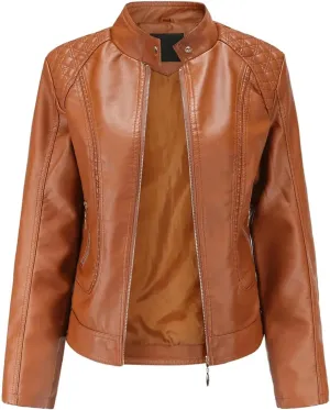 Women Faux Leather Jacket Spring Black Long Sleeve Moto Biker Zipper Short Coat