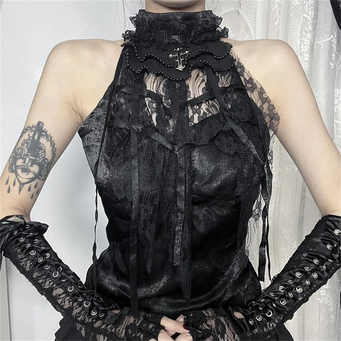 Women Gothic Crop Tank Top Sleeveless Camisole Tops Y2K Grunge Blouse Cami Shirt