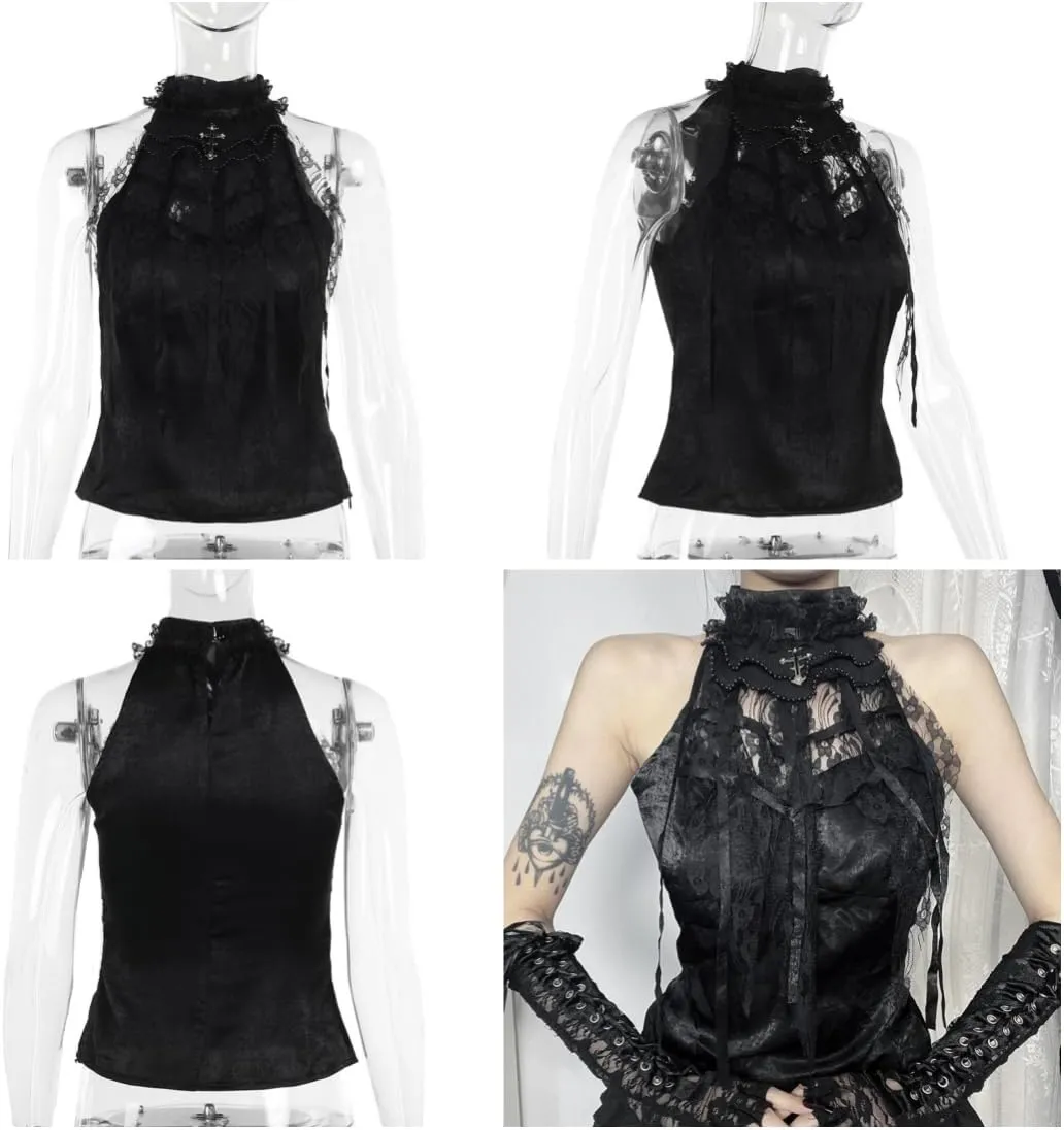 Women Gothic Crop Tank Top Sleeveless Camisole Tops Y2K Grunge Blouse Cami Shirt