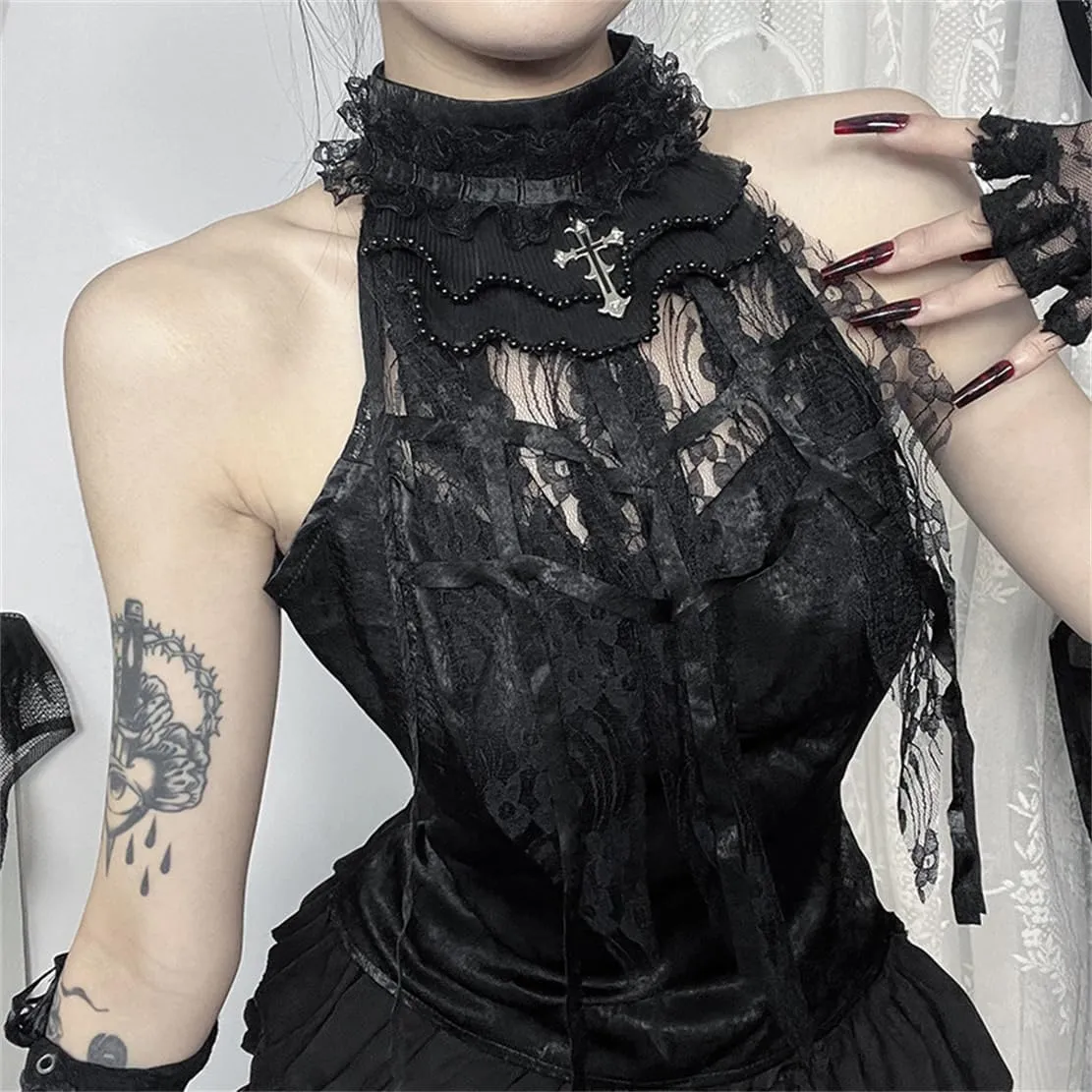 Women Gothic Crop Tank Top Sleeveless Camisole Tops Y2K Grunge Blouse Cami Shirt