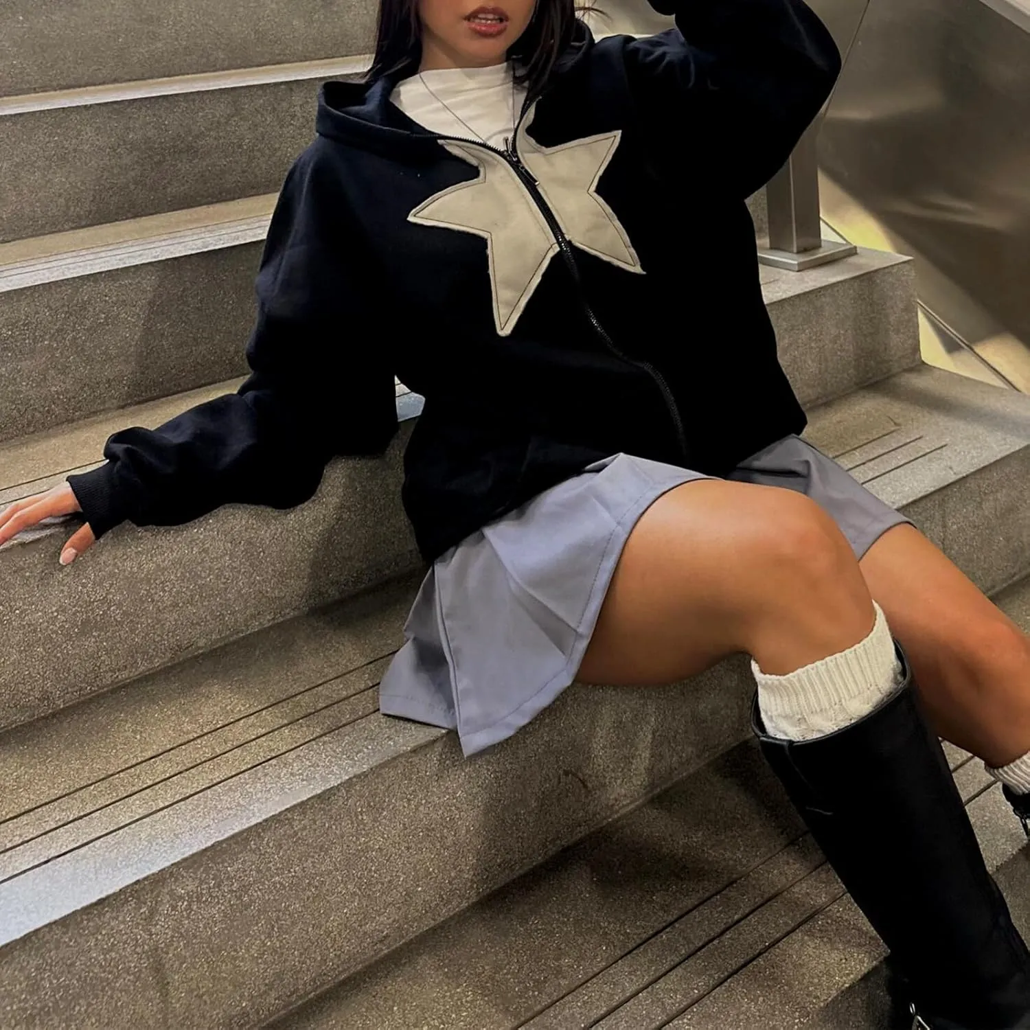 Women Gothic Star Zip Up Hoodie Long Sleeve Patchwork Oversized Aesthetic Goth Hooded Sweatshirts Streetwear Tops