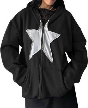 Women Gothic Star Zip Up Hoodie Long Sleeve Patchwork Oversized Aesthetic Goth Hooded Sweatshirts Streetwear Tops