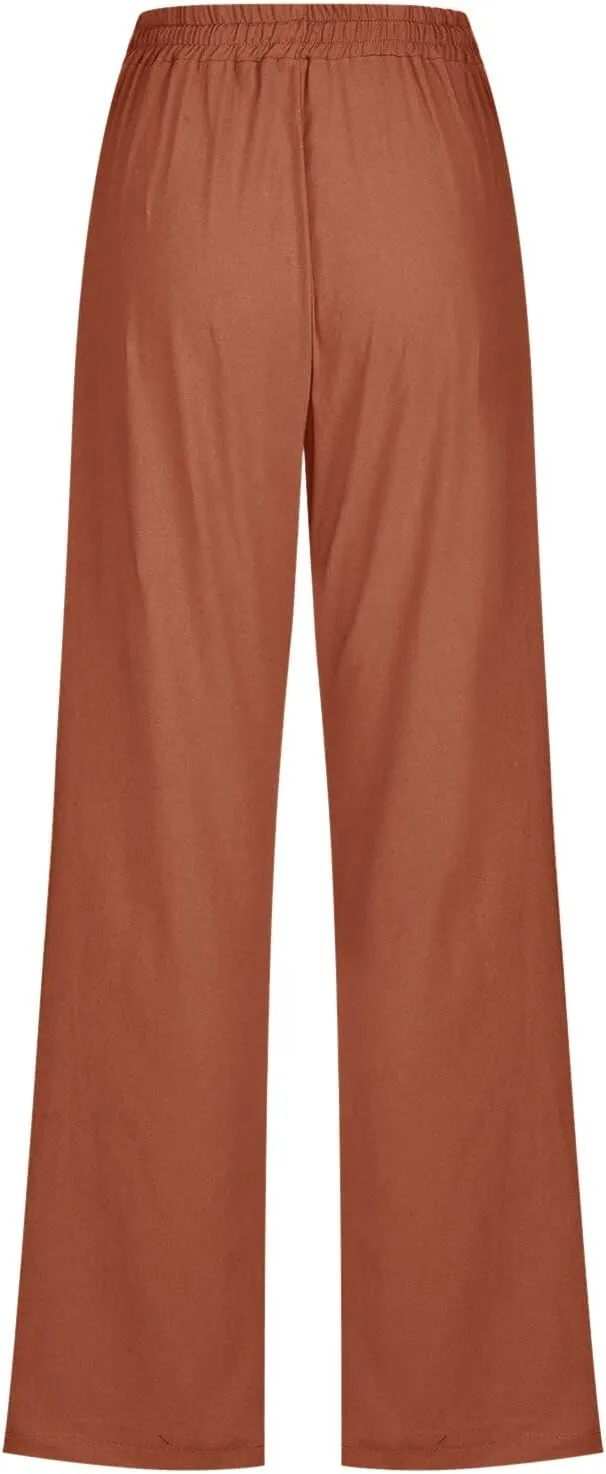 Women Linen Pants 2025 Summer Casual High Waist Drawstring Wide Leg Trousers with Pockets Beach Vacation Clothes