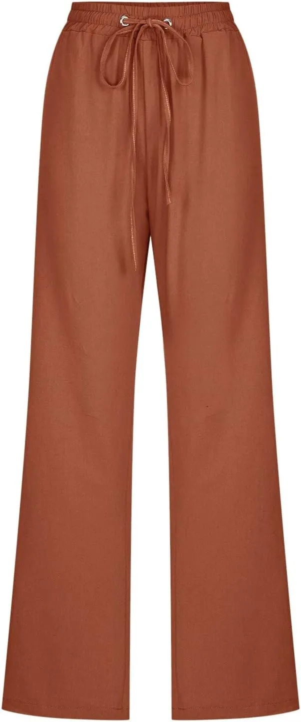 Women Linen Pants 2025 Summer Casual High Waist Drawstring Wide Leg Trousers with Pockets Beach Vacation Clothes