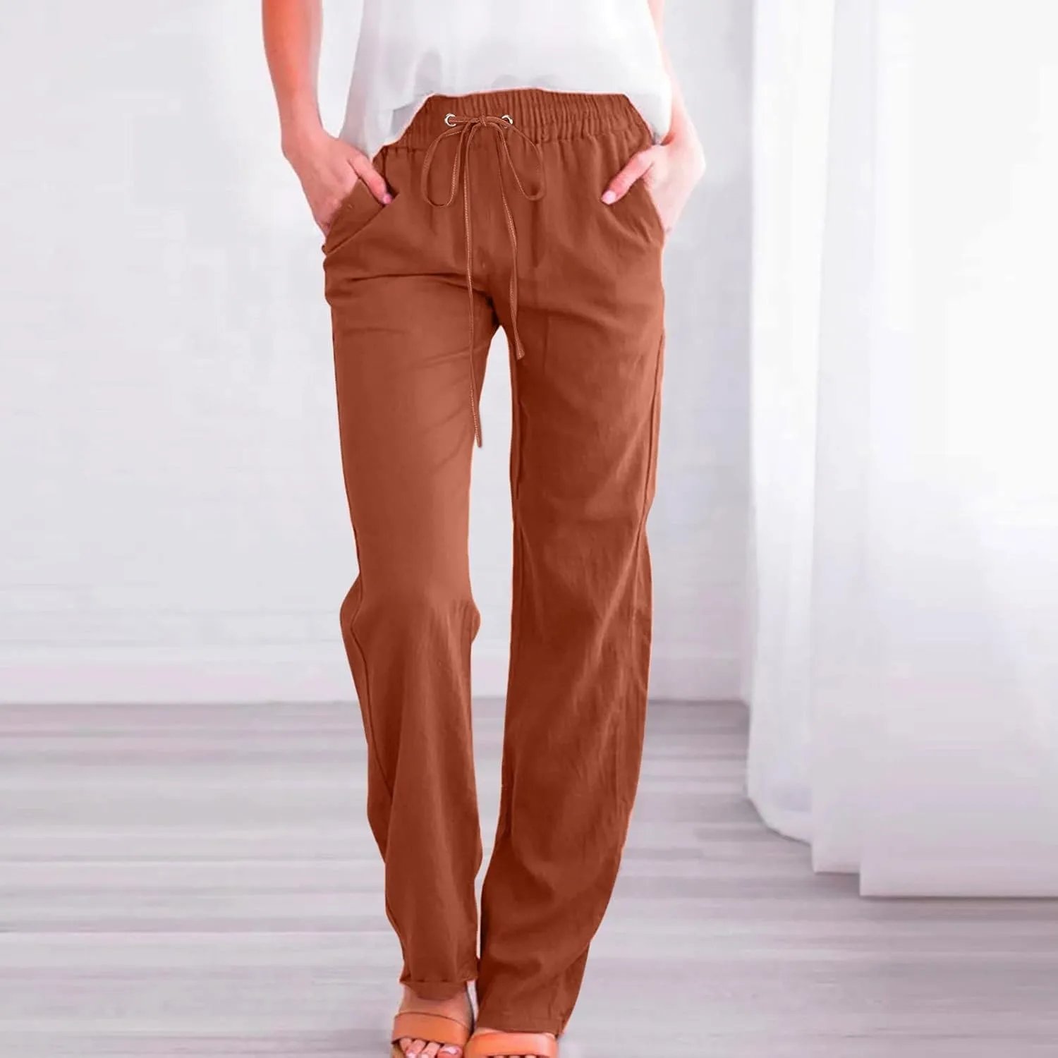 Women Linen Pants 2025 Summer Casual High Waist Drawstring Wide Leg Trousers with Pockets Beach Vacation Clothes