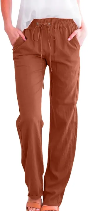 Women Linen Pants 2025 Summer Casual High Waist Drawstring Wide Leg Trousers with Pockets Beach Vacation Clothes