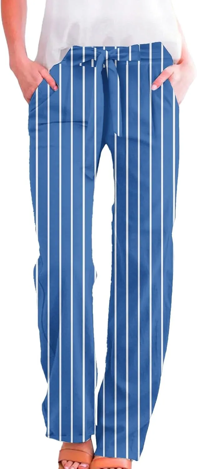 Women Linen Pants Drawstring Striped with Pockets- Wide Leg Sweat Pants Trousers Trendy Lounge Gauze for Women