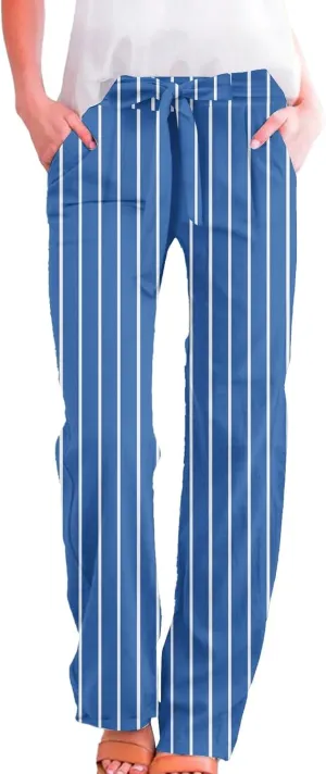 Women Linen Pants Drawstring Striped with Pockets- Wide Leg Sweat Pants Trousers Trendy Lounge Gauze for Women