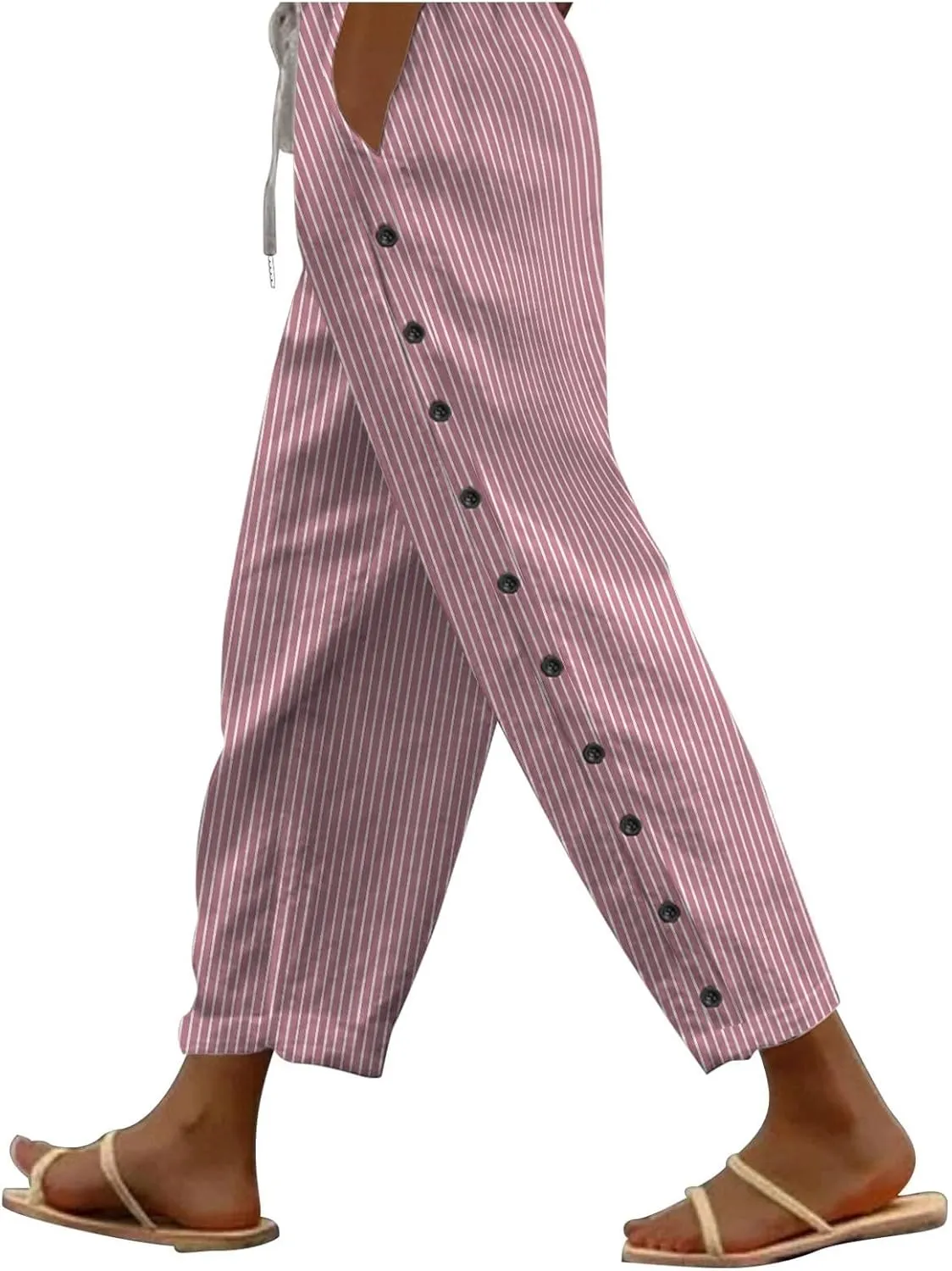 Women Linen Pants Pants Sweat Drawstring Striped with Pockets- Trendy Trousers Lounge Gauze Wide Leg for Women