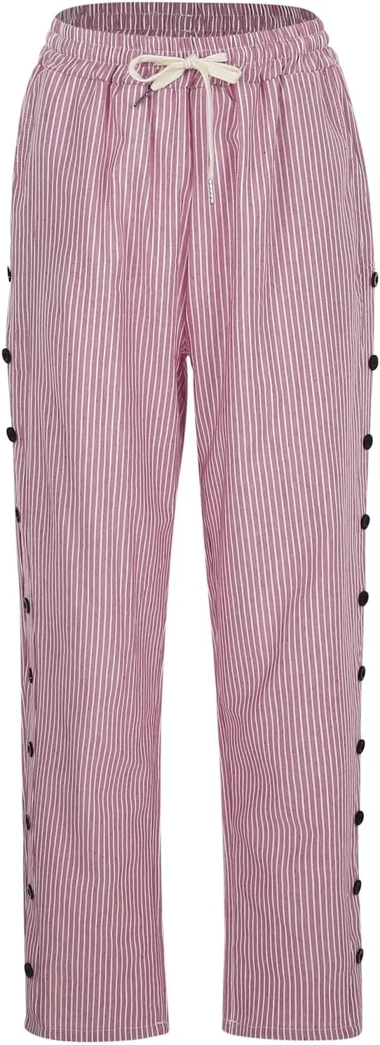 Women Linen Pants Pants Sweat Drawstring Striped with Pockets- Trendy Trousers Lounge Gauze Wide Leg for Women
