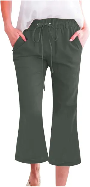 Women Linen Pants Summer Cotton and Linen Pocket Waist Slim Bell Bottom Pants Linen Blend Pants