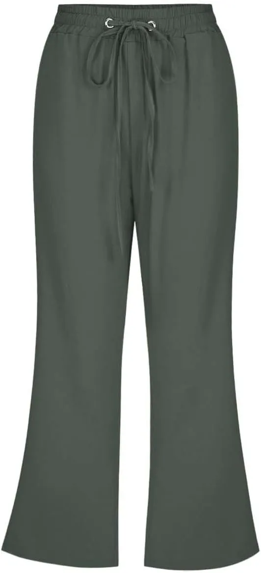 Women Linen Pants Summer Cotton and Linen Pocket Waist Slim Bell Bottom Pants Linen Blend Pants