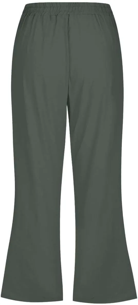Women Linen Pants Summer Cotton and Linen Pocket Waist Slim Bell Bottom Pants Linen Blend Pants