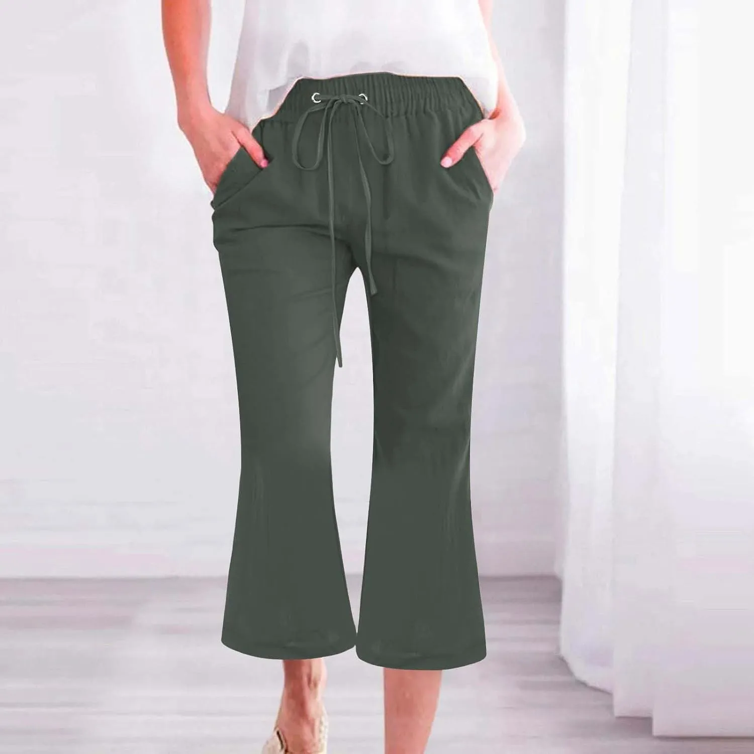 Women Linen Pants Summer Cotton and Linen Pocket Waist Slim Bell Bottom Pants Linen Blend Pants