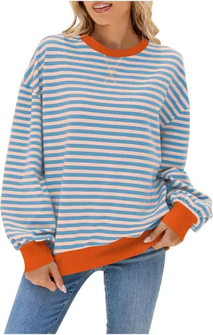 Women Long Sleeve Oversized Sweatshirts Striped Colors Block Pullover Tops Comfort Crewneck Hoodies Trendy Clothes