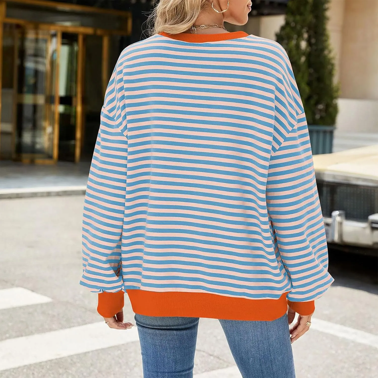 Women Long Sleeve Oversized Sweatshirts Striped Colors Block Pullover Tops Comfort Crewneck Hoodies Trendy Clothes