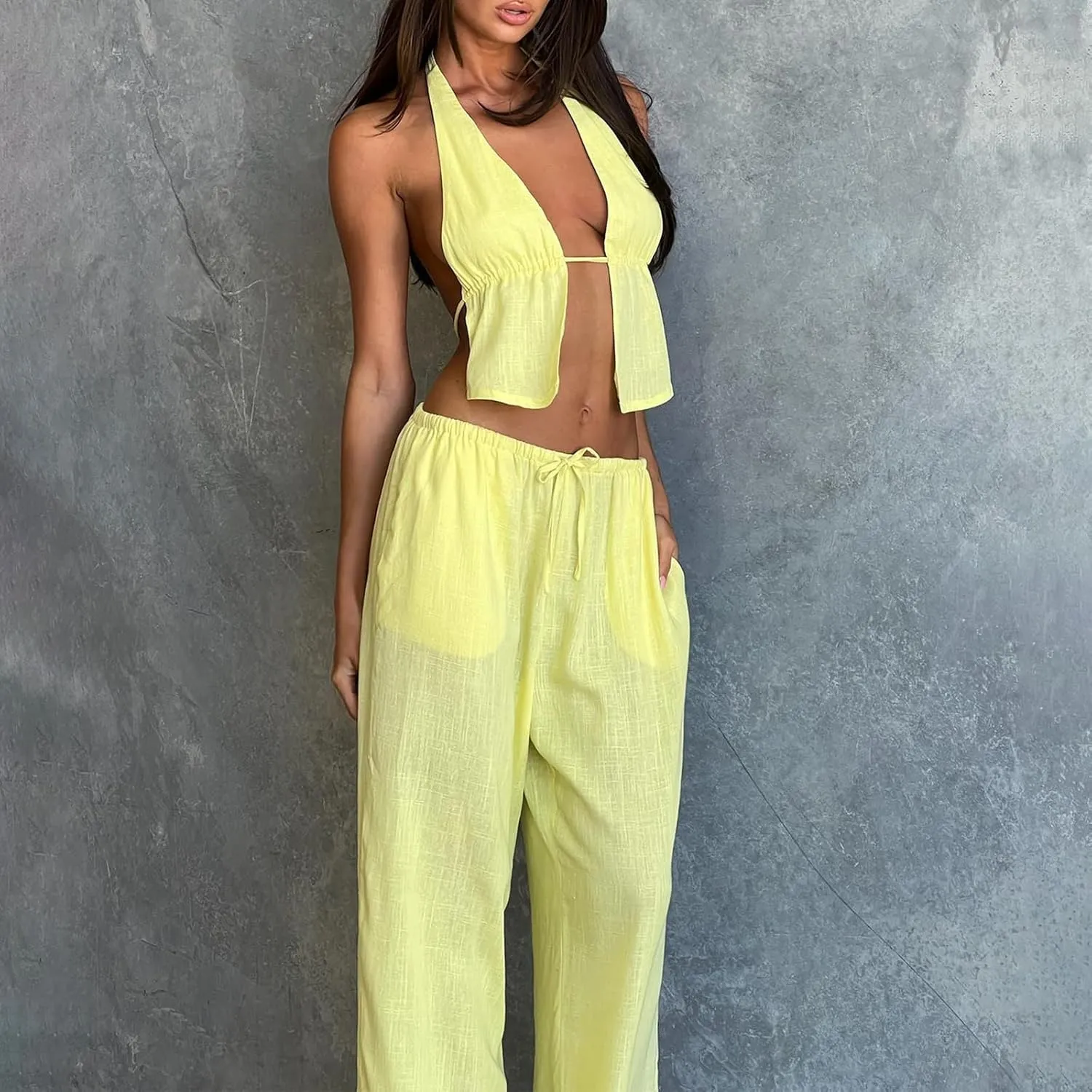 Women Lounge Pants Sets 2 Pieces Outfits Halter Neck Backless Sleeveless Tank Top Wide Leg Pants Suit Streetwear