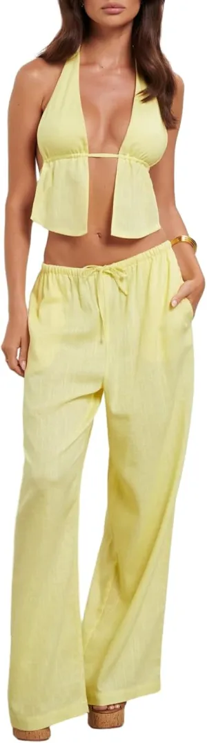 Women Lounge Pants Sets 2 Pieces Outfits Halter Neck Backless Sleeveless Tank Top Wide Leg Pants Suit Streetwear
