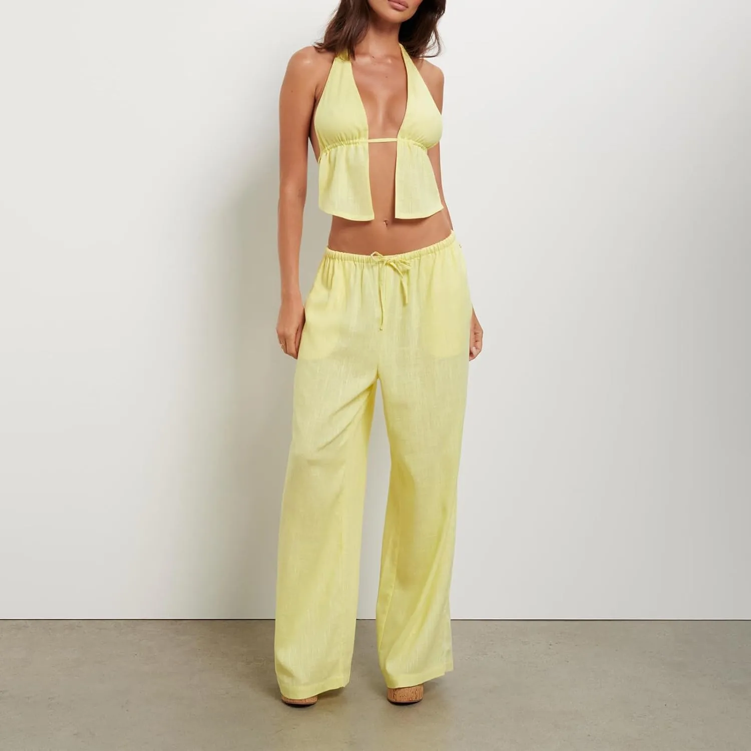 Women Lounge Pants Sets 2 Pieces Outfits Halter Neck Backless Sleeveless Tank Top Wide Leg Pants Suit Streetwear