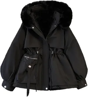 Women Pocket Causal Coat Zipper Hooded Parkas Warm Long Sleeve Waist Cotton Coat Cotton-Padded Jacket