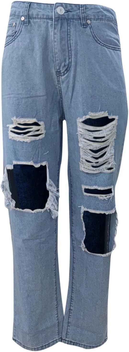 Women Ripped Boyfriends Jeans High Waisted Strechy Wide Leg Denim Pants Trendy Y2K Streetwear Casual Baggy Trousers