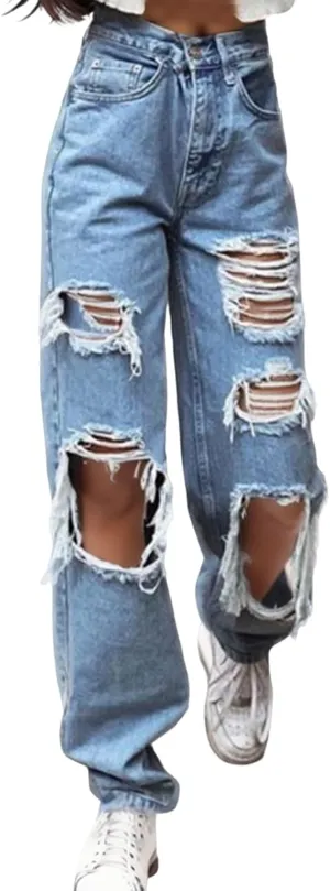 Women Ripped Boyfriends Jeans High Waisted Strechy Wide Leg Denim Pants Trendy Y2K Streetwear Casual Baggy Trousers