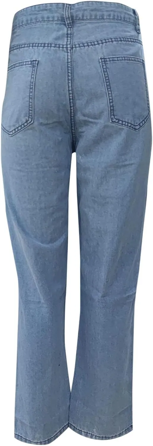 Women Ripped Boyfriends Jeans High Waisted Strechy Wide Leg Denim Pants Trendy Y2K Streetwear Casual Baggy Trousers