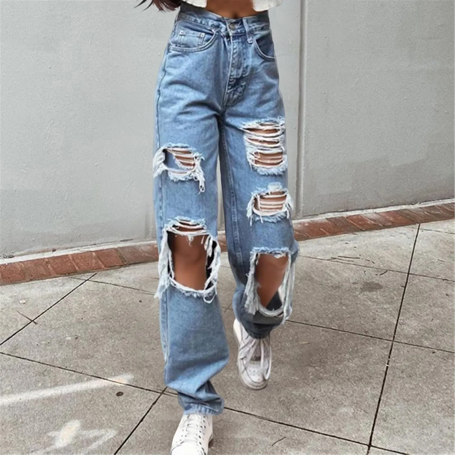 Women Ripped Boyfriends Jeans High Waisted Strechy Wide Leg Denim Pants Trendy Y2K Streetwear Casual Baggy Trousers