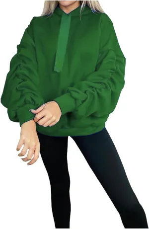 Women Ruched Sleeve Pullover Hoodie With Ribbon Ladies Oversized Hooded Sweatshirt