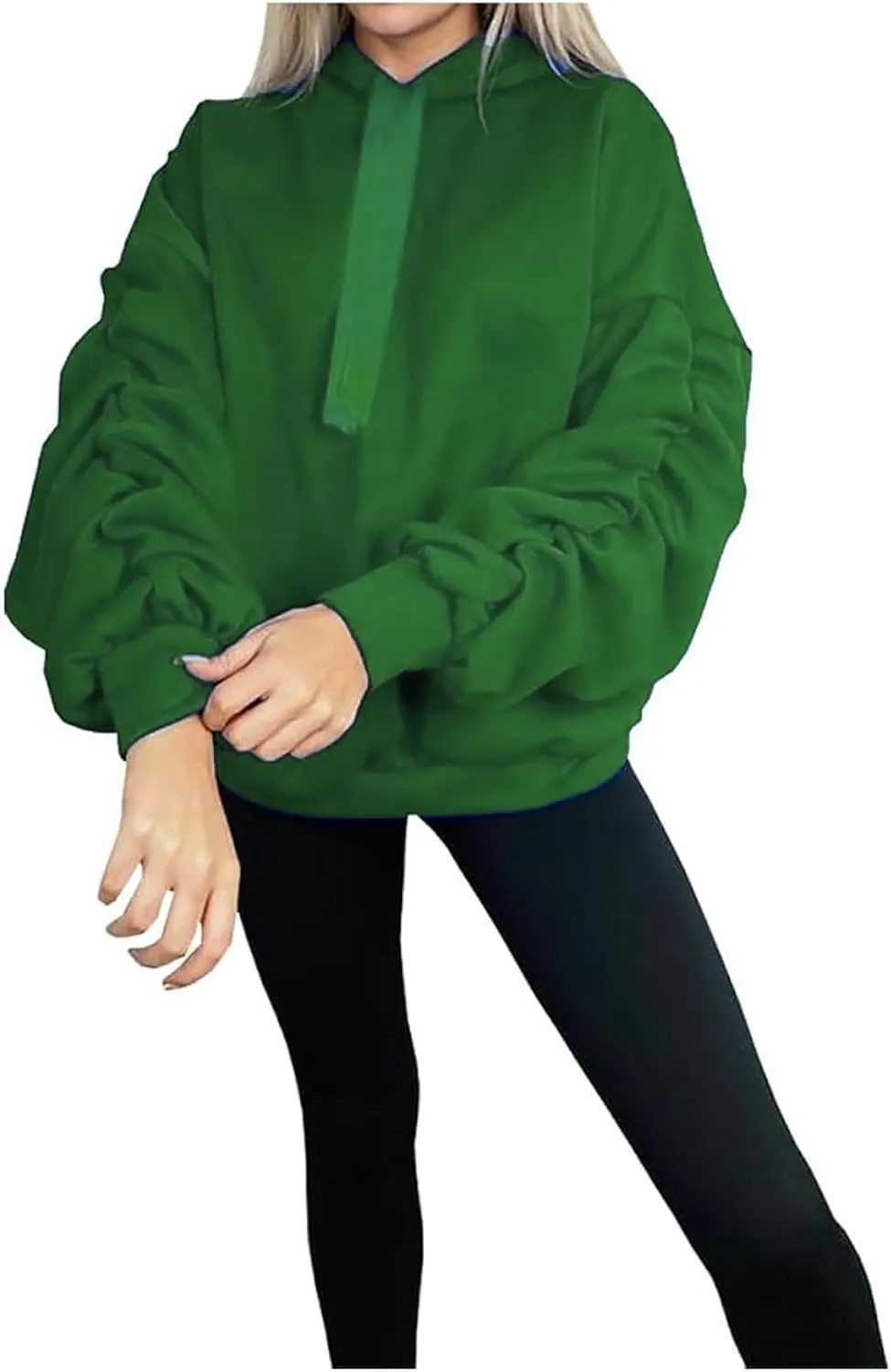 Women Ruched Sleeve Pullover Hoodie With Ribbon Ladies Oversized Hooded Sweatshirt