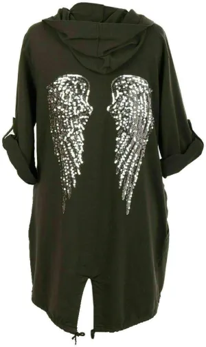 Women Sequin Angel Wings Back Baggy Oversized Hoodie Cardigan Jacket Sweatshirt Top