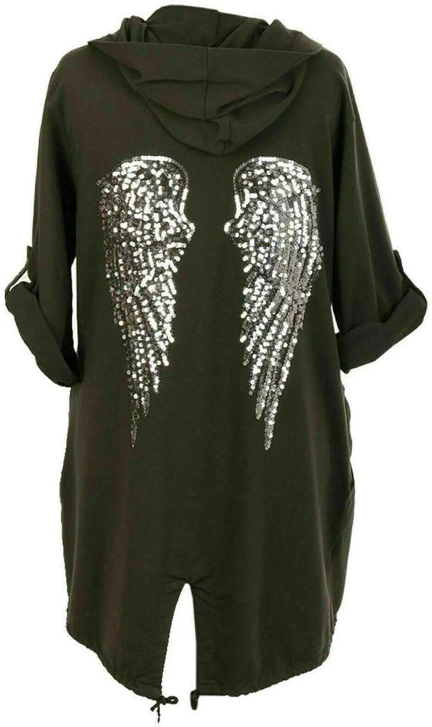 Women Sequin Angel Wings Back Baggy Oversized Hoodie Cardigan Jacket Sweatshirt Top