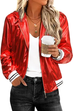 Women Silver Metallic Holographic Glitter Jacket Sparkly Zipper Hooded Concert Rave Party Bomber Jackets with Pocket