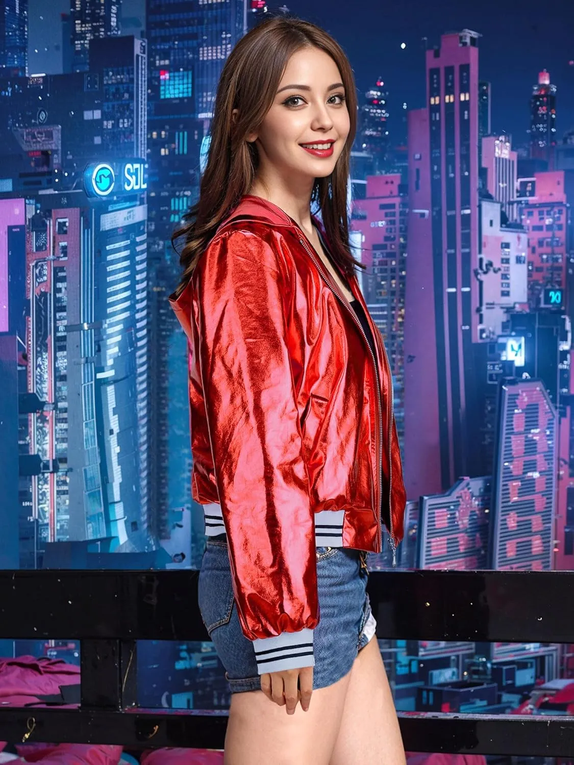 Women Silver Metallic Holographic Glitter Jacket Sparkly Zipper Hooded Concert Rave Party Bomber Jackets with Pocket