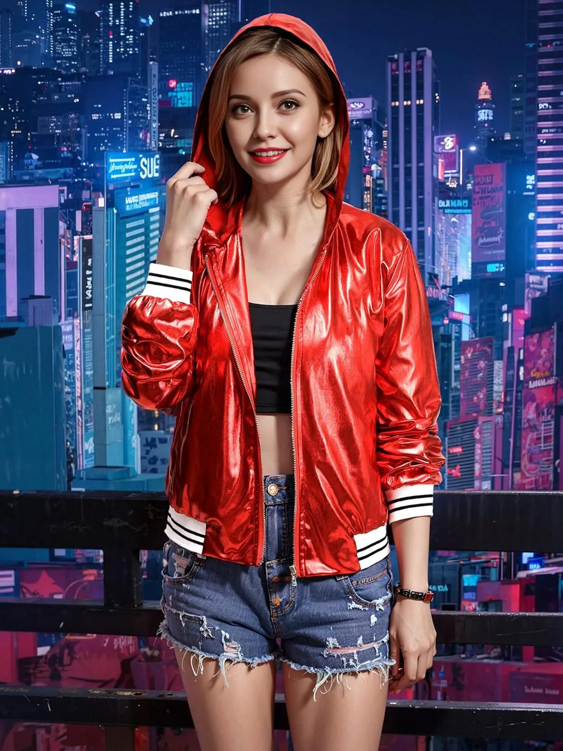 Women Silver Metallic Holographic Glitter Jacket Sparkly Zipper Hooded Concert Rave Party Bomber Jackets with Pocket