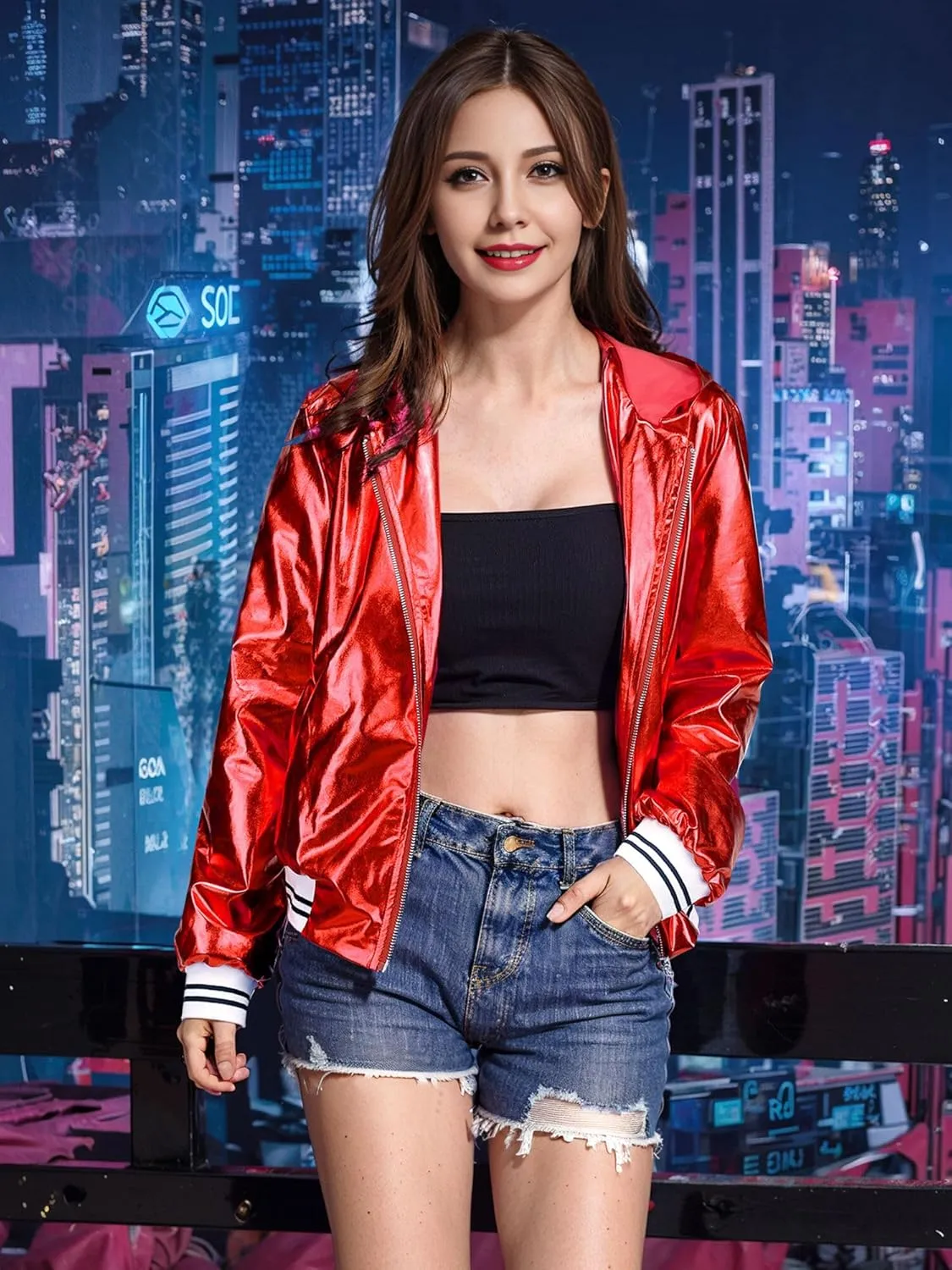 Women Silver Metallic Holographic Glitter Jacket Sparkly Zipper Hooded Concert Rave Party Bomber Jackets with Pocket