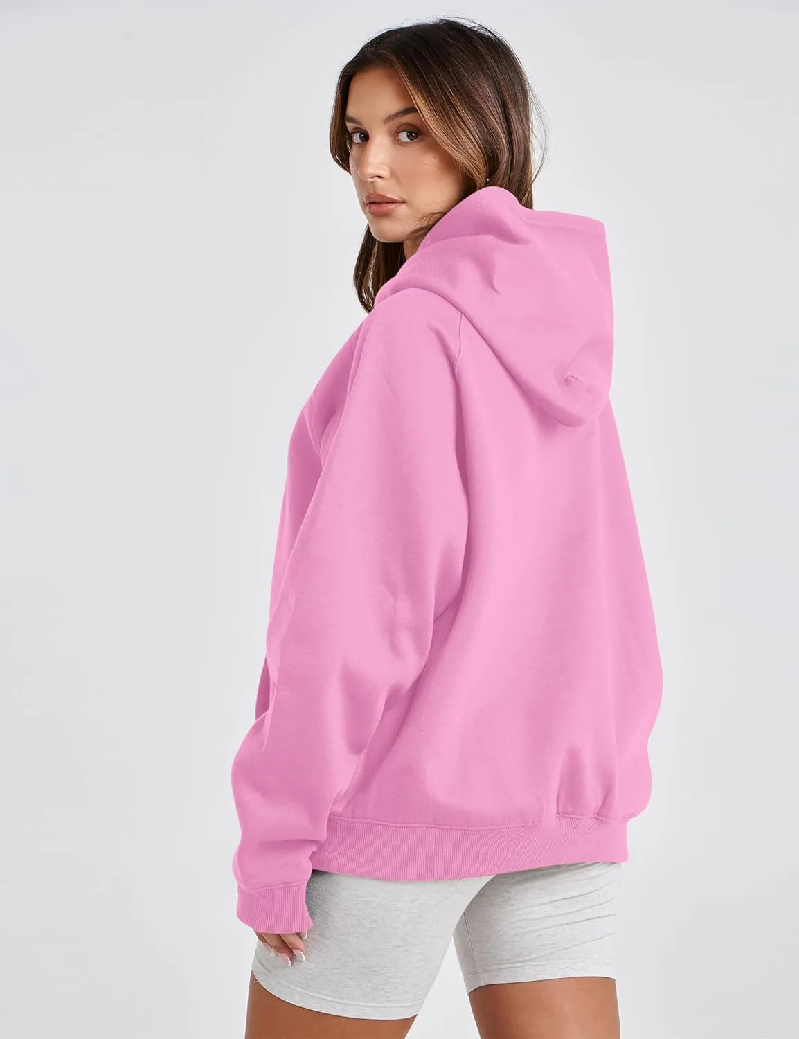 Women Solid Basic Loose Fleece Hoodies Sweatshirt Oversized Long Sleeve Drop Shoulder Kangaroo Pockets Pullovers Top
