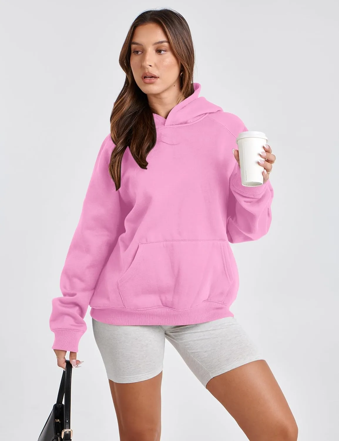 Women Solid Basic Loose Fleece Hoodies Sweatshirt Oversized Long Sleeve Drop Shoulder Kangaroo Pockets Pullovers Top