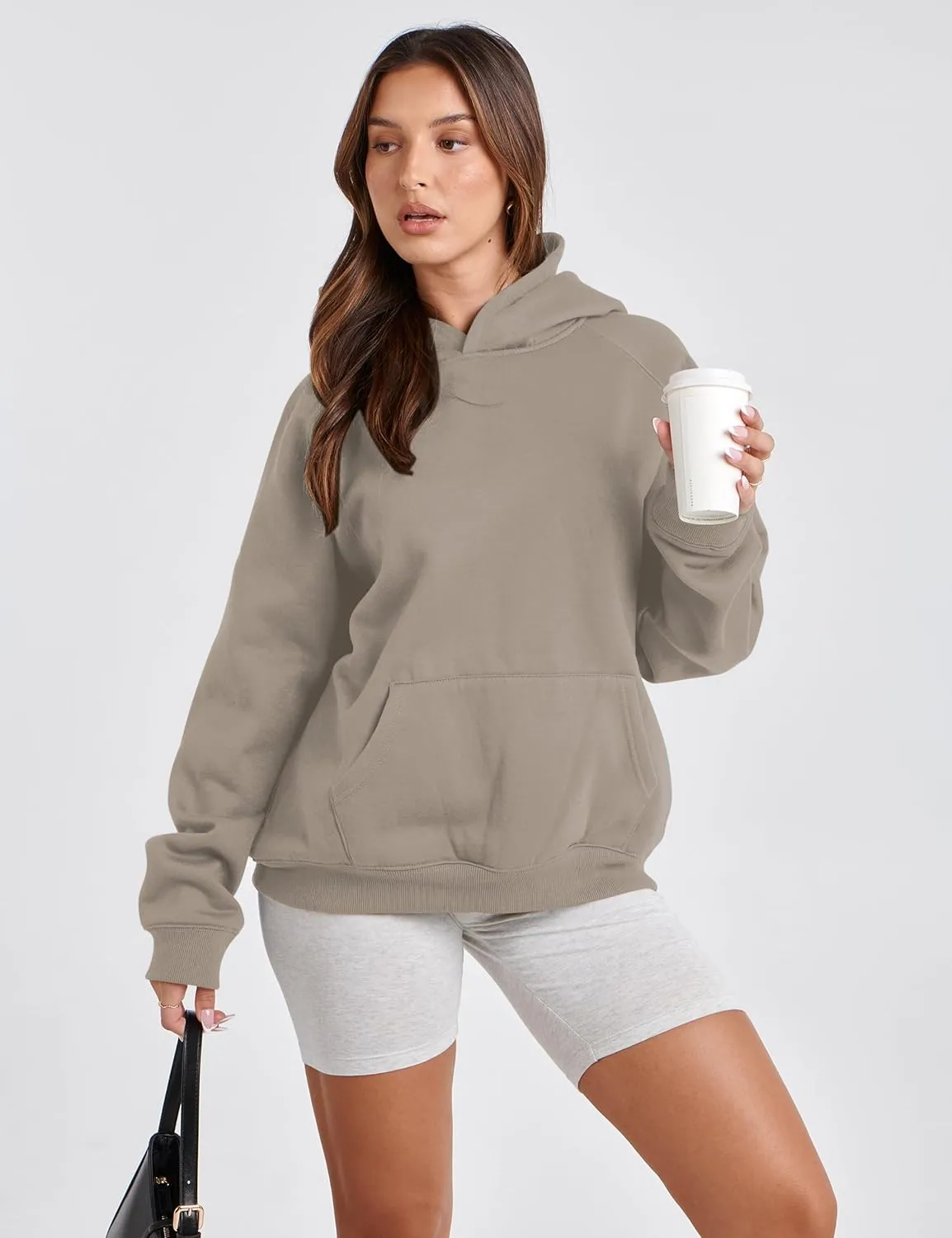 Women Solid Basic Loose Fleece Hoodies Sweatshirt Oversized Long Sleeve Drop Shoulder Kangaroo Pockets Pullovers Top