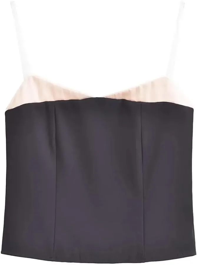 Women Spaghetti Straps Camisole Summer Crop Top Elegant Patchwork Cami Slim Tank Tops