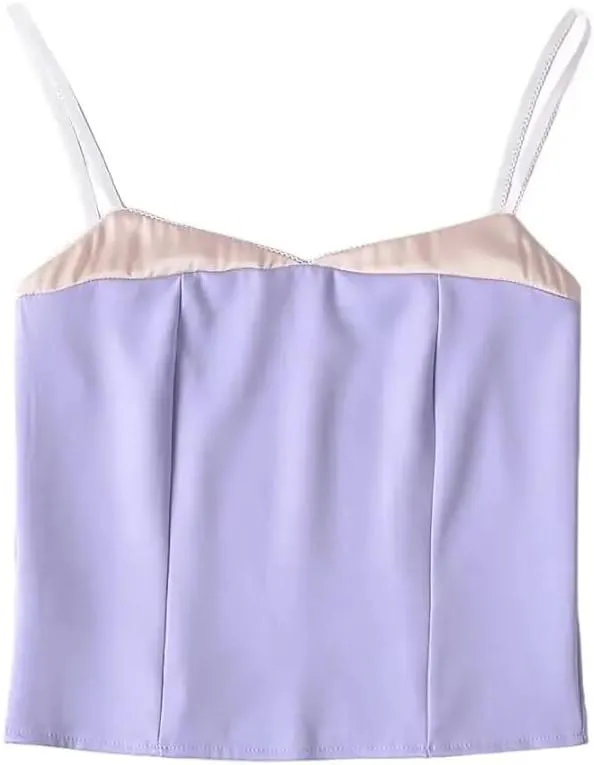 Women Spaghetti Straps Camisole Summer Crop Top Elegant Patchwork Cami Slim Tank Tops