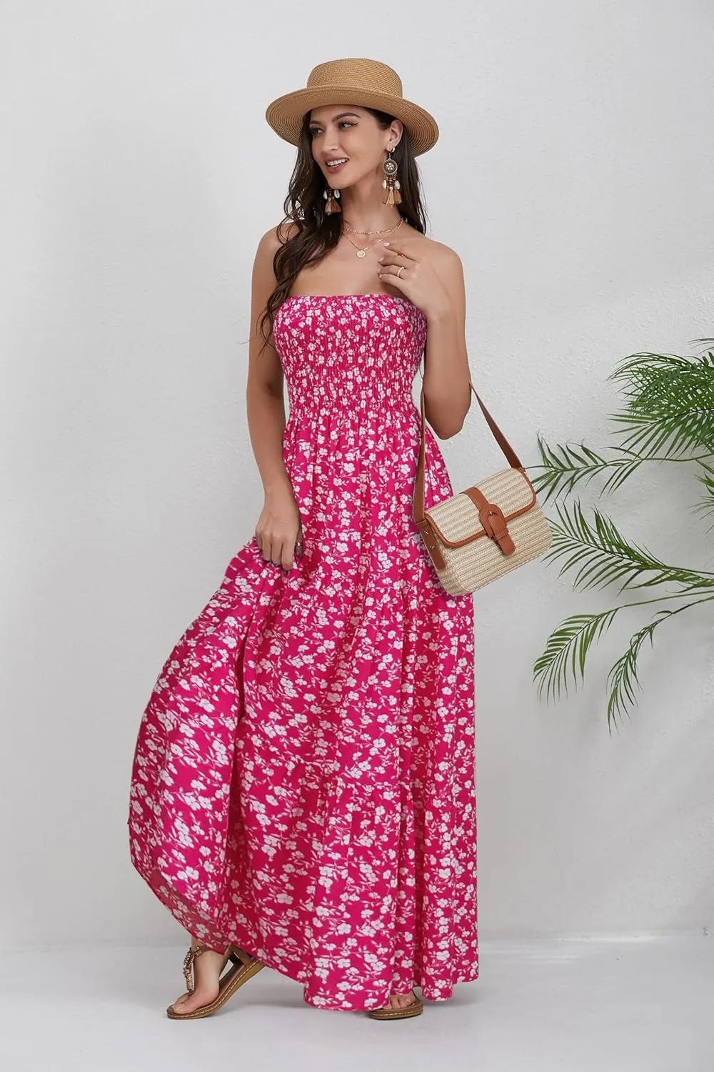 Women Strapless A Line Maxi Dress Tube Top Backless Casual Summer Dress