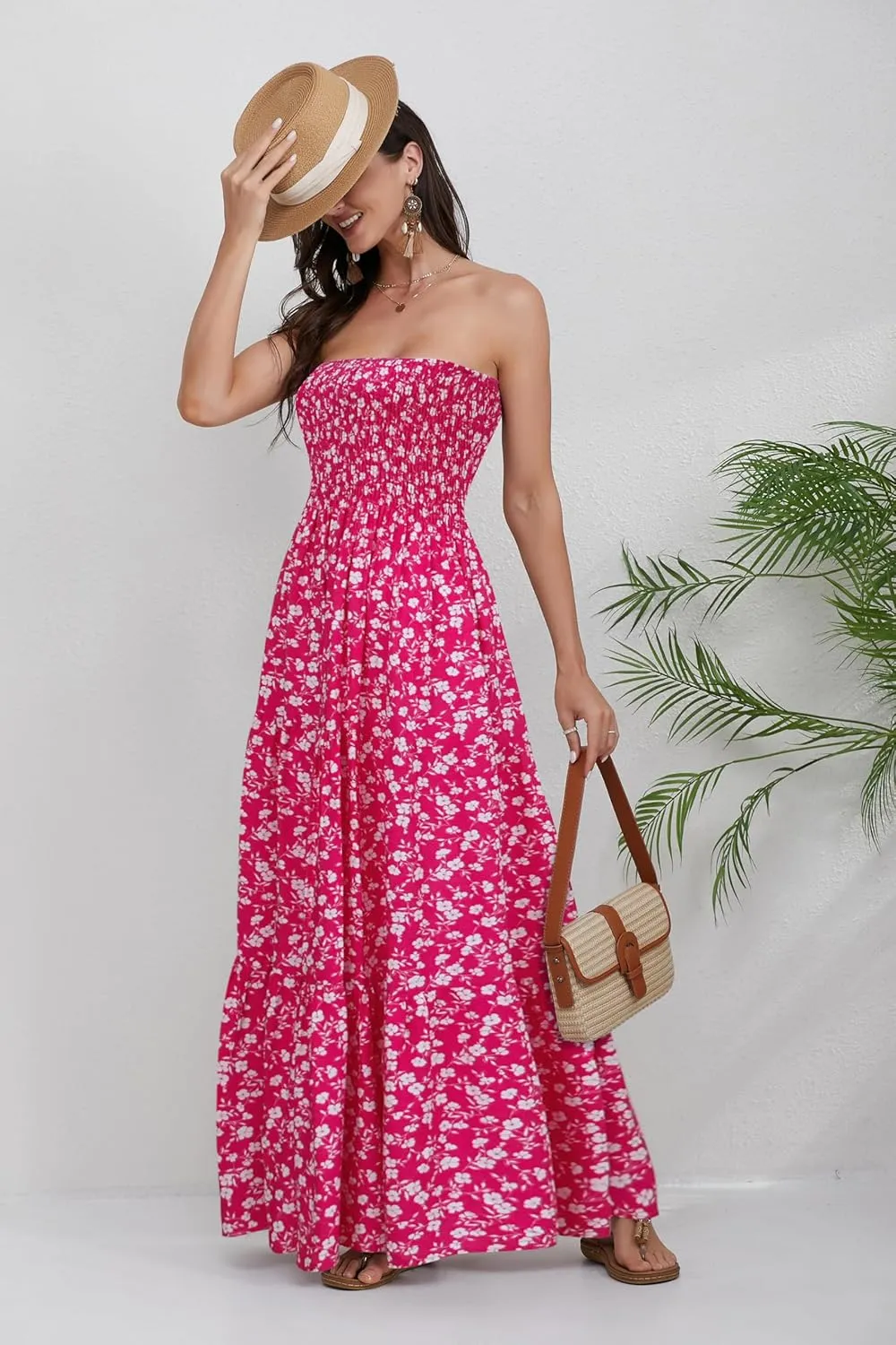 Women Strapless A Line Maxi Dress Tube Top Backless Casual Summer Dress