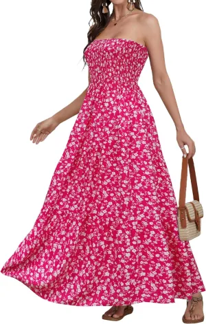 Women Strapless A Line Maxi Dress Tube Top Backless Casual Summer Dress