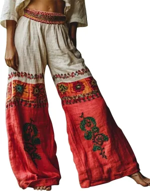 Women Summer Boho Palazzo Pants High Waist Wide Leg Floral Casual Cotton Lounge with Pockets Beach Relax Trousers