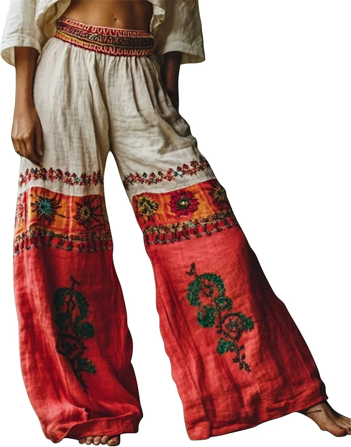 Women Summer Boho Palazzo Pants High Waist Wide Leg Floral Casual Cotton Lounge with Pockets Beach Relax Trousers